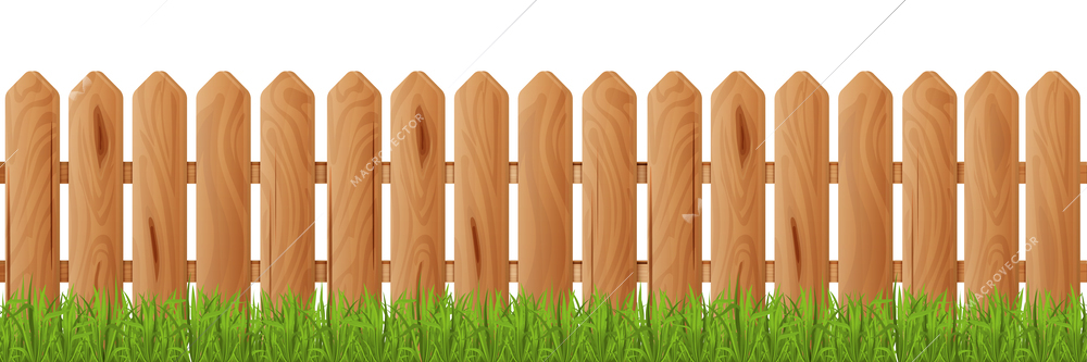 Realistic wooden fence horizontal  illustration of simply picket fence with green grass vector illustration