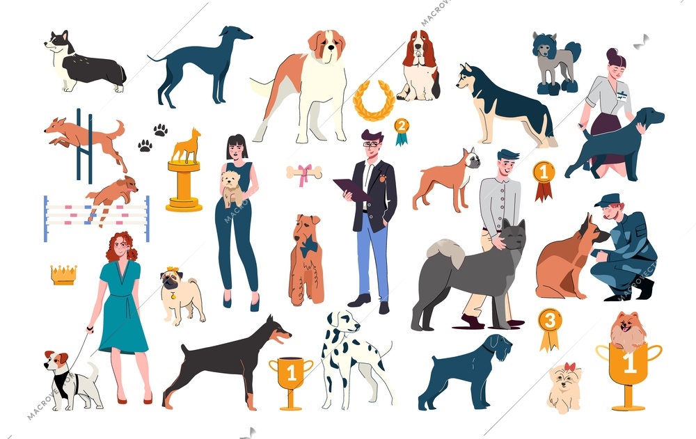 Dog show flat icon set with different dog breeds owners and handlers various cups and medals vector illustration