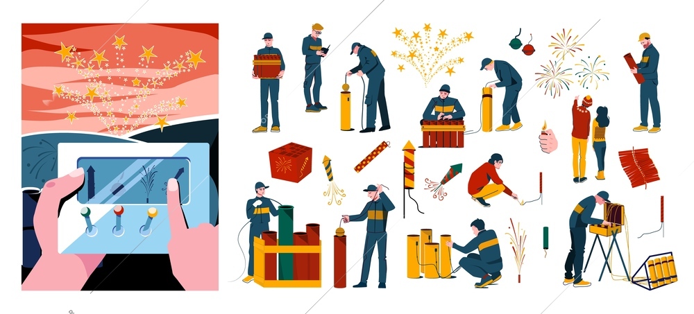 Pyrotechnics fireworks launch flat composition set with men in uniforms fuses boxes of explosives vector illustration