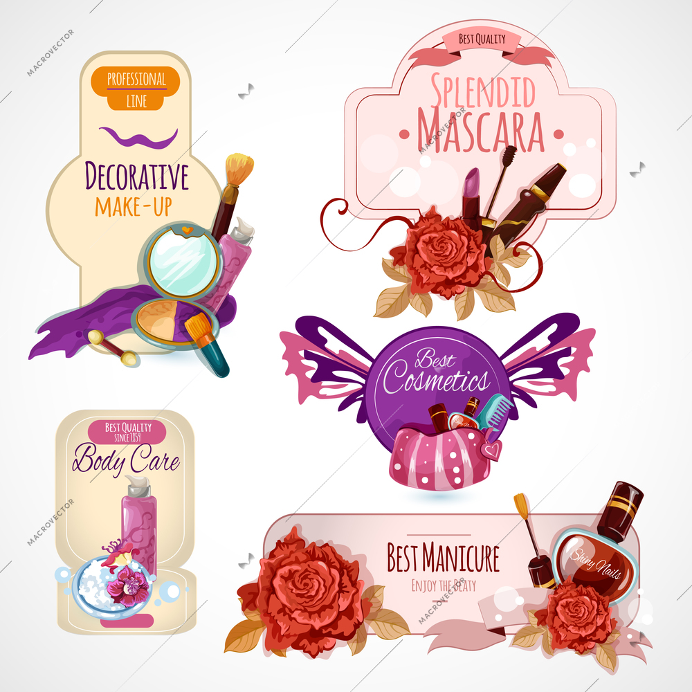 Cosmetics label set with makeup skin and body care products isolated vector illustration