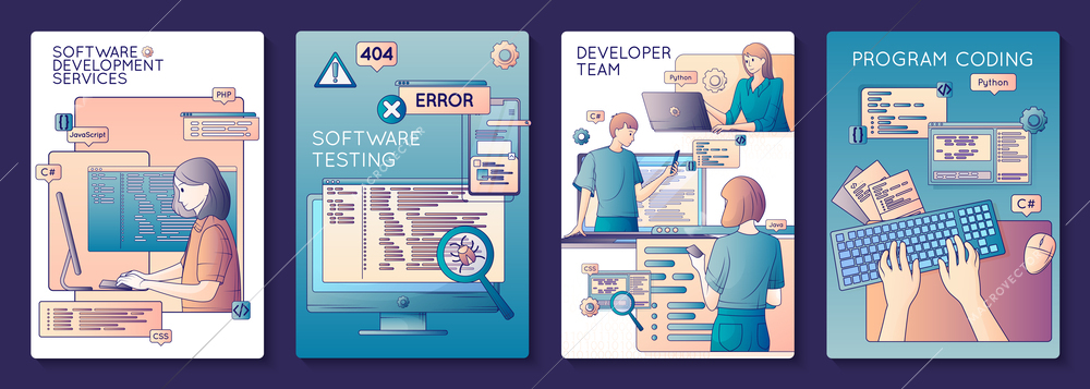 Set of four software development flat line compositions with pictogram icons human characters and computer windows vector illustration