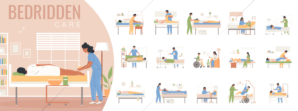 Bedridden care set with isolated compositions of flat icons with doctors taking care of bed bounds vector illustration