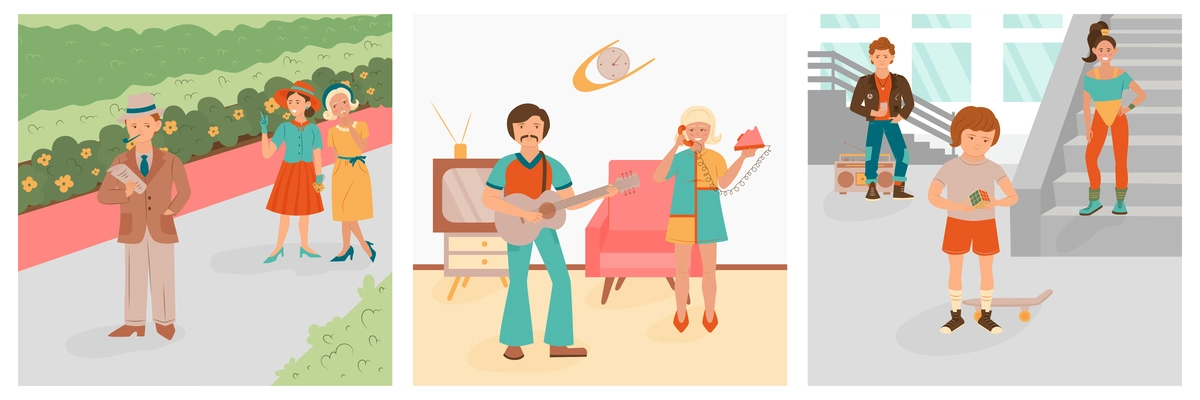 Generations of people set with flat compositions of vintage retro and modern people in casual situations vector illustration