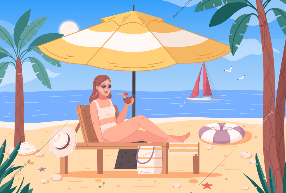 Beach activities flat cartoon with woman taking sun bath vector illustration