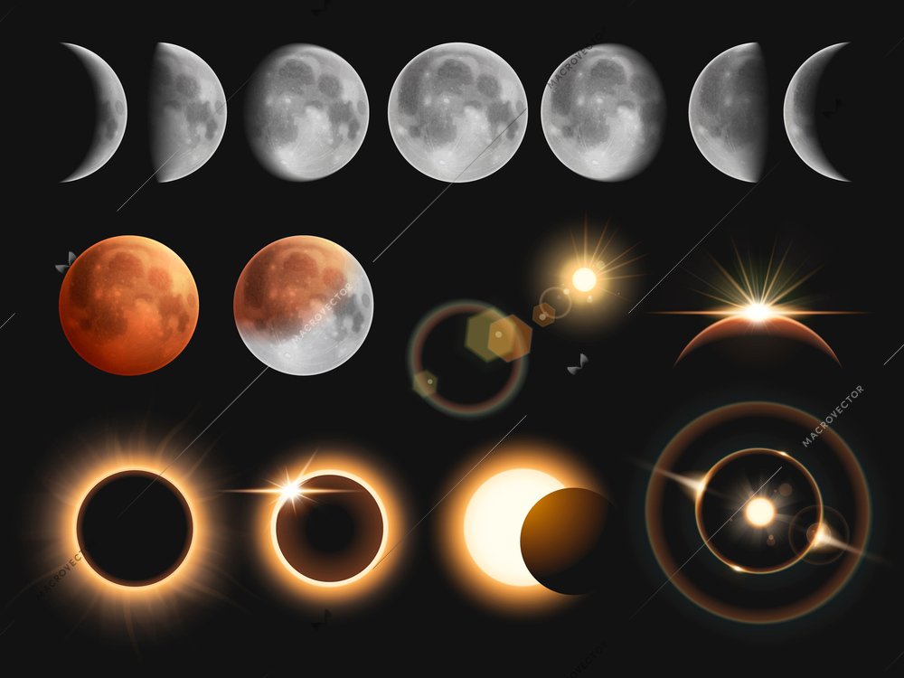 Eclipse stages realistic with moon and sun in different positions isolated vector illustration