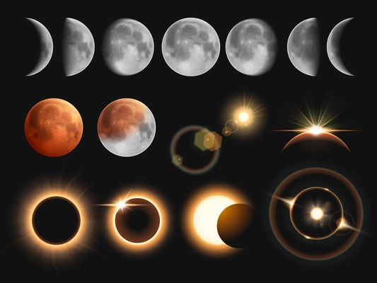 Eclipse stages realistic with moon and sun in different positions isolated vector illustration