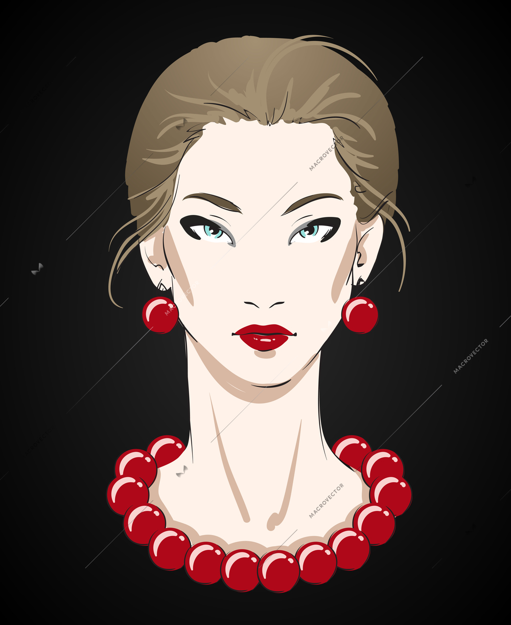 Beautiful young woman portrait with red necklace and earrings isolated on black vector illustration