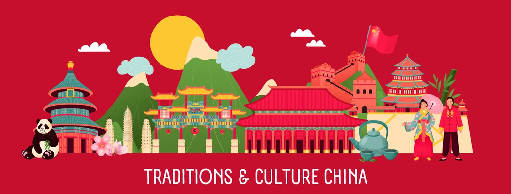 China travel flat banner with traditional landmarks and cultural symbols vector illustration