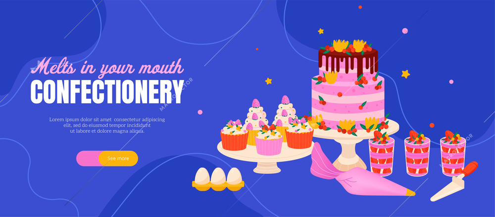 Confectioner chefs horizontal banner with editable ornate text see more button and images of sweet cakes vector illustration