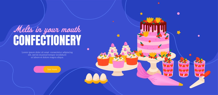 Confectioner chefs horizontal banner with editable ornate text see more button and images of sweet cakes vector illustration
