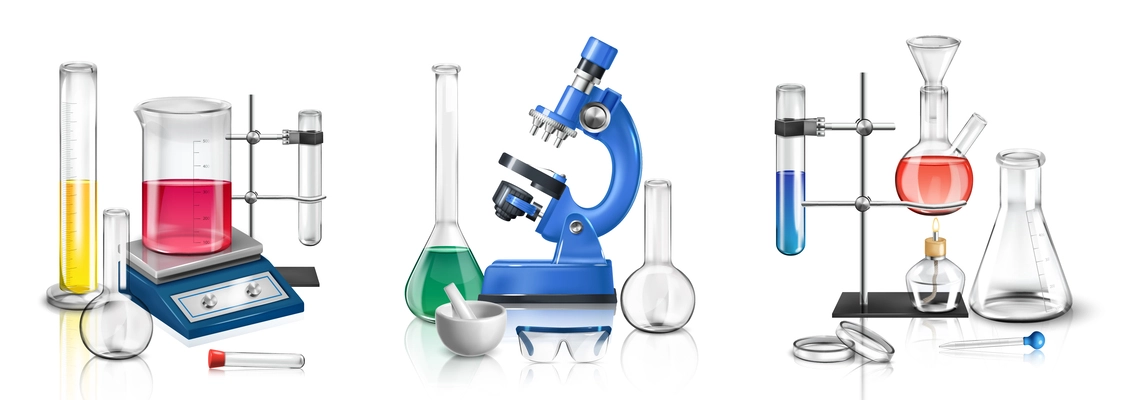 Realistic laboratory set of isolated compositions with various lab equipment scales microscope and test tube stands vector illustration