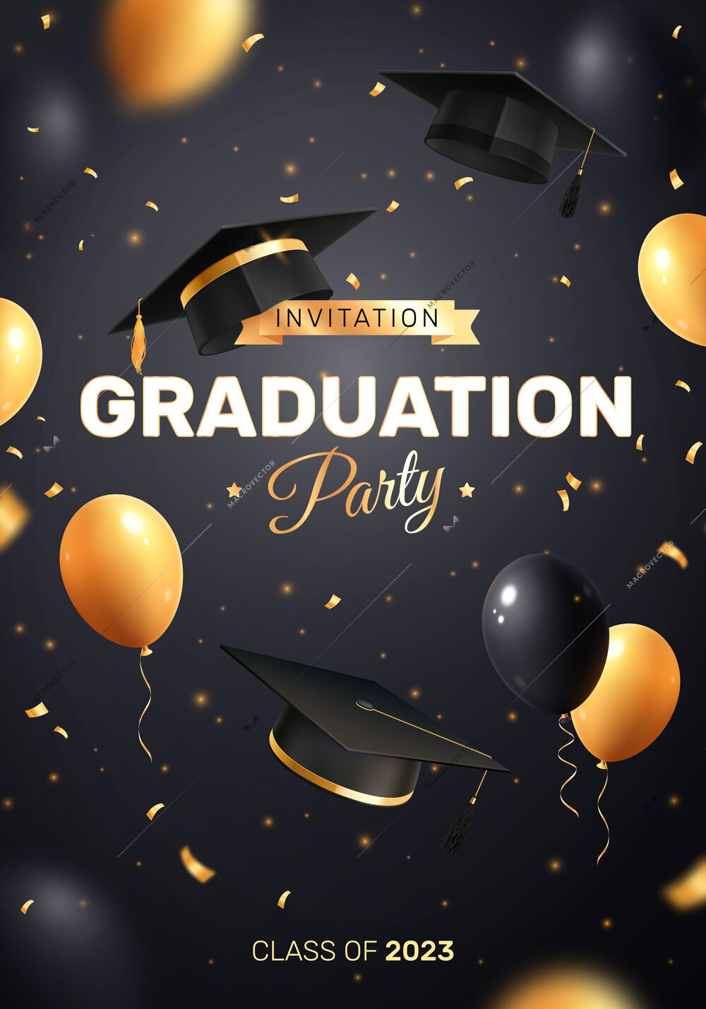 Graduation party invitation realistic composition with ornate text flying balloons golden confetti and academic hat images vector illustration