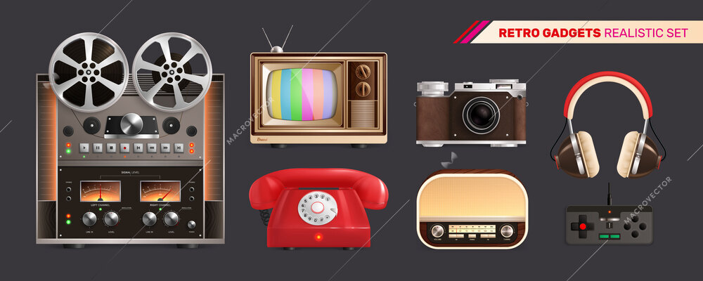 Retro vintage electronics gadgets set with isolated realistic images of tape machine gamepad headphones and radio vector illustration