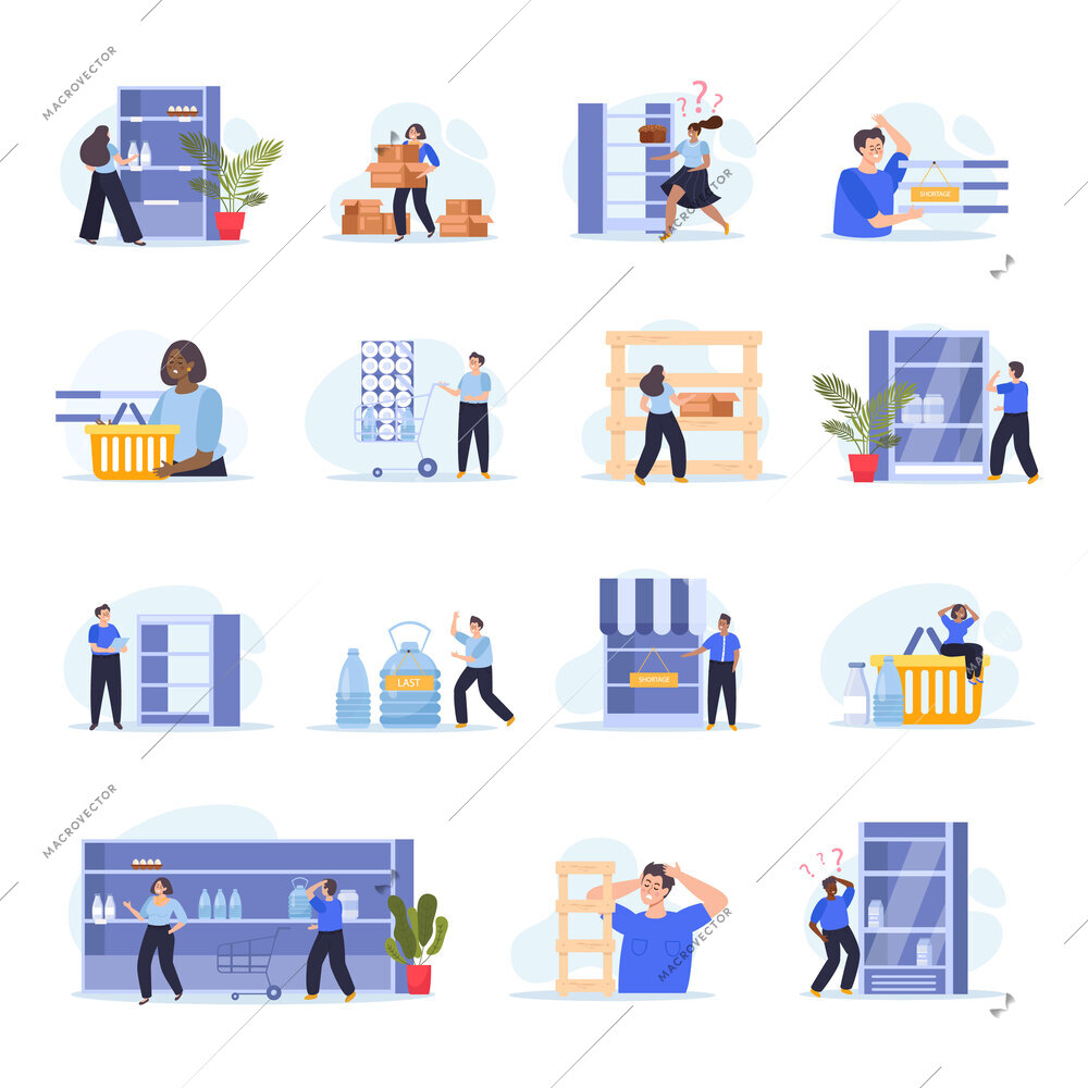 Shortage of goods flat set of isolated icons with supermarket shelves racks and bottles becoming empty vector illustration