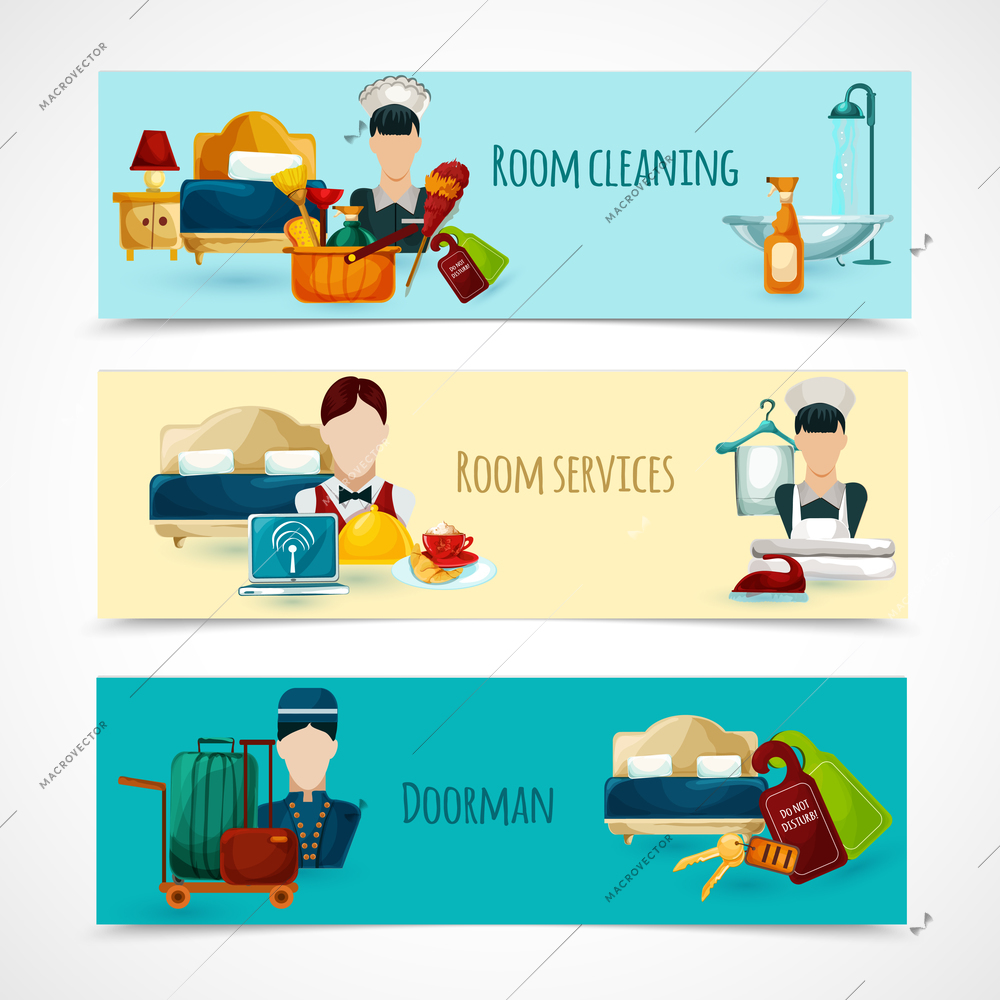 Hotel horizontal banner set with doorman and room cleaning service elements isolated vector illustration