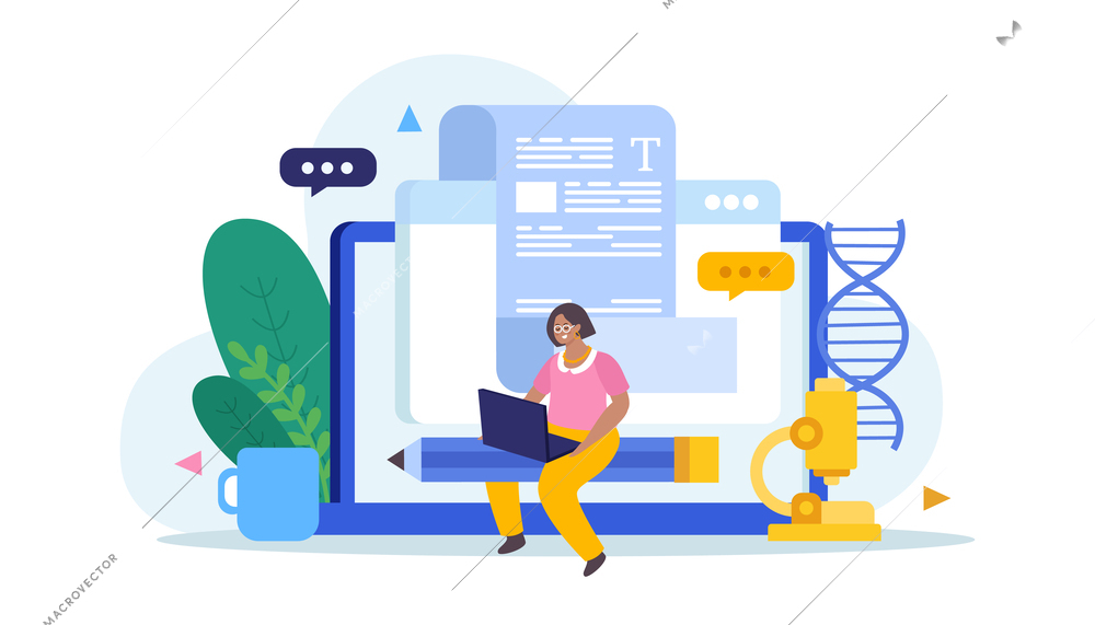 Scientific articles writing flat composition with doodle female character riding pencil with laptop screens thought bubbles vector illustration