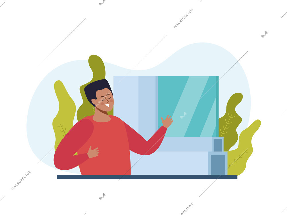 Plastic windows flat background composition with joyful male character sample of window pack and green leaves vector illustration