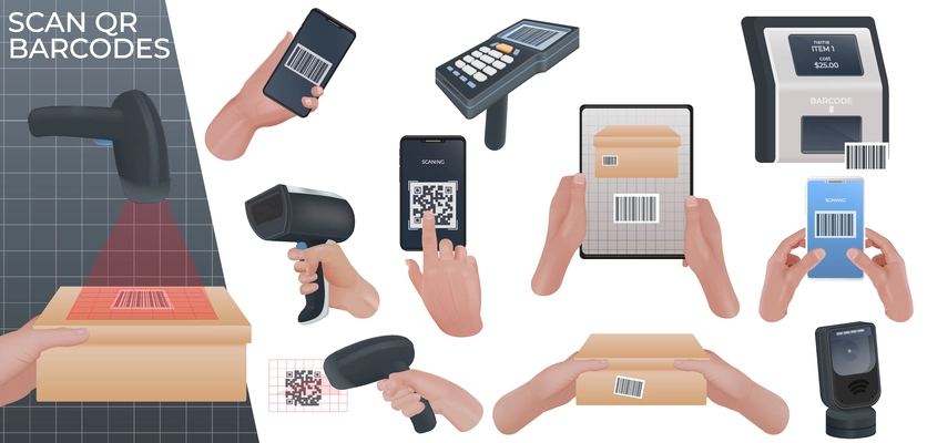 Scan codes realistic composition of human hand holding box being scanned and set of isolated icons vector illustration