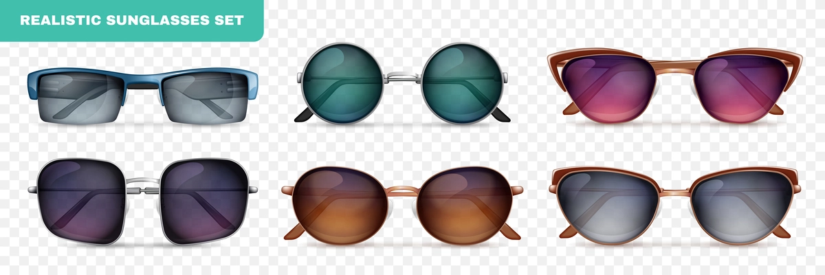 Realistic trendy colored lens sunglasses set isolated on transparent background vector illustration