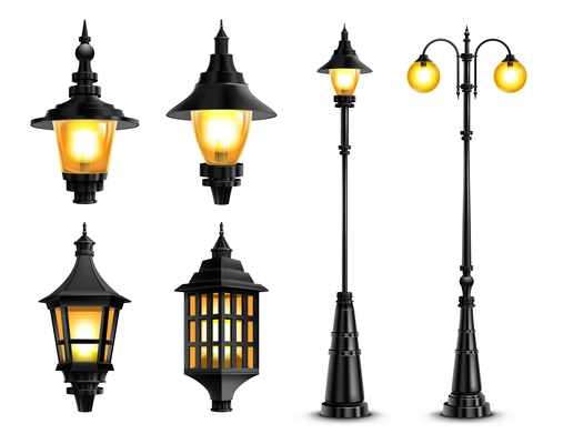 Vintage street lanterns and lampposts realistic set isolated on white background vector illustration