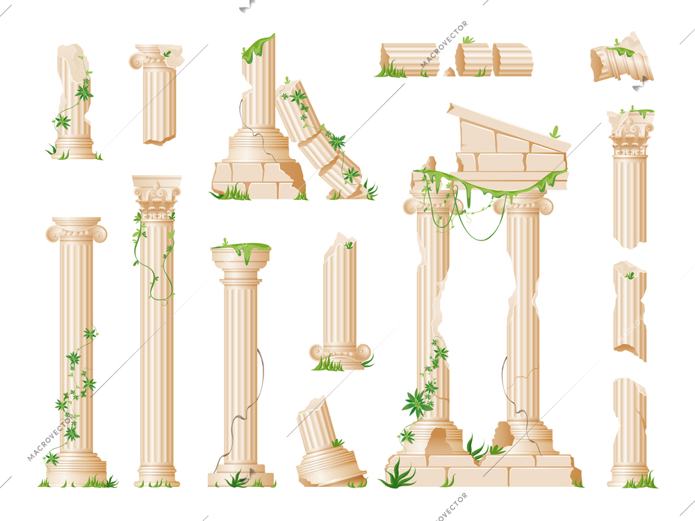 Realistic set of ruined ancient marble columns with climbing green ivy leaves isolated vector illustration