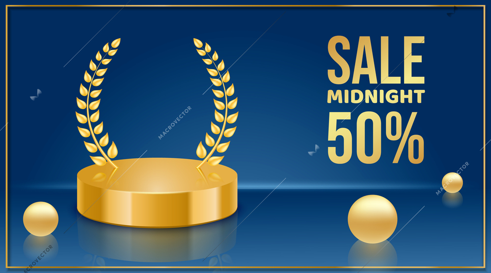 Horizontal banner with realistic golden podium laurel wreath and balls with shiny text and blue background vector illustration