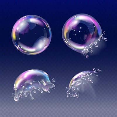 Realistic soap foam bubbles in different stages on explosion on transparent backgroud isolated vector illustration