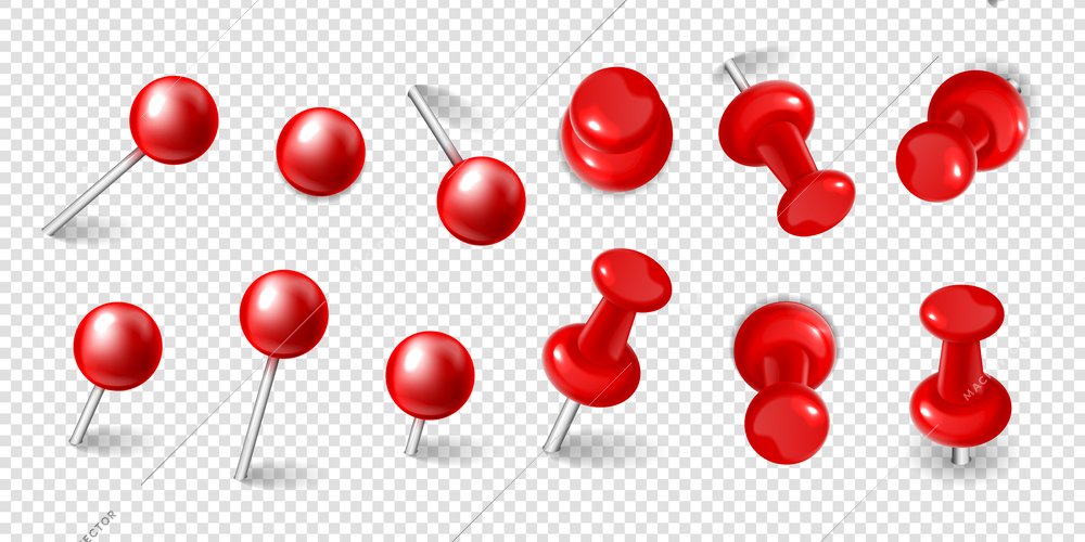 Realistic collection of different red office pushpins at transparent background isolated vector illustration