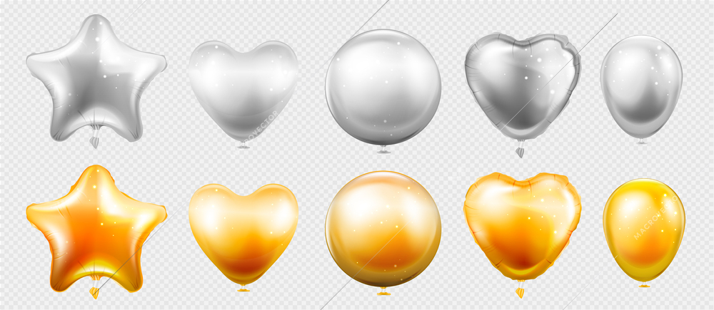 Set with isolated images of realistic flying balloons colored in gold and silver on transparent background vector illustration