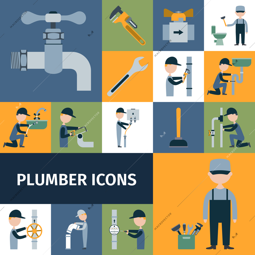 Plumber tools equipment and accessories decorative icons set isolated vector illustration