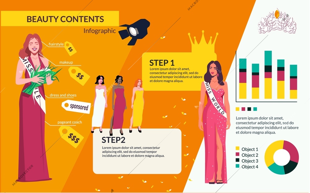 Beauty contest flat infographic with steps of contest and prices of all accessories and outfits of the participant vector illustration