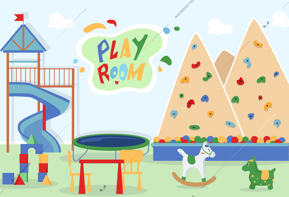 Children play room with toys slope trampoline climbing park elements flat background cartoon vector illustration