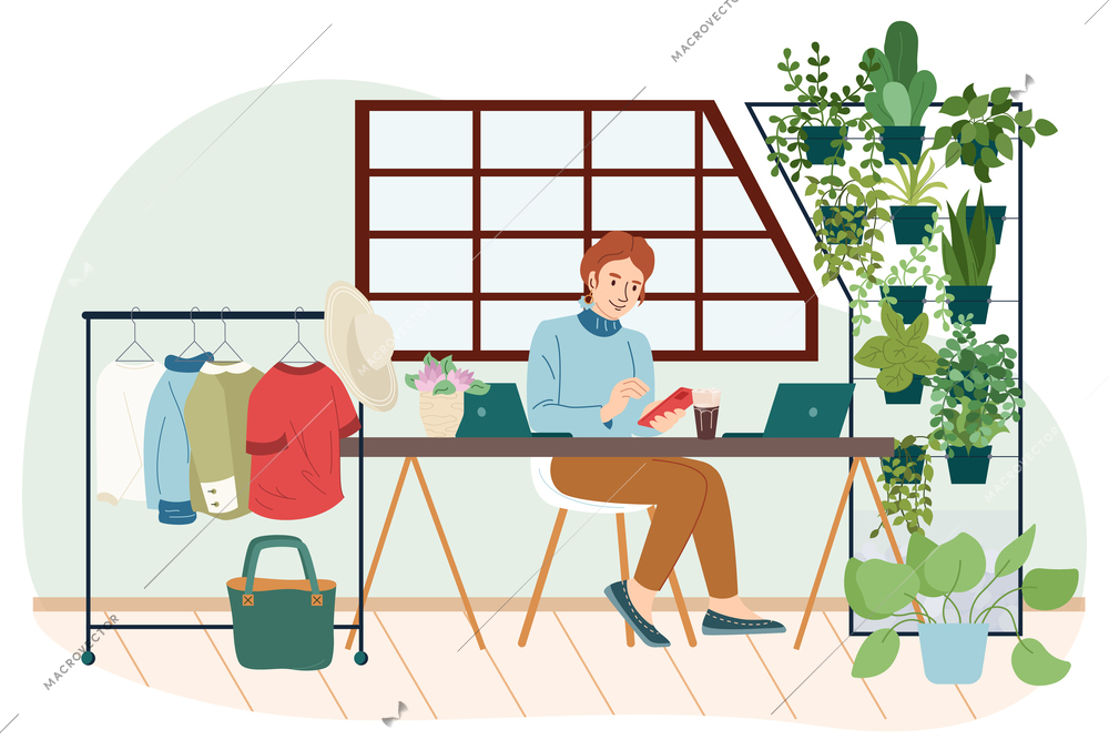 Green workplace flat concept with woman working in eco friendly office with many green plants vector illustration
