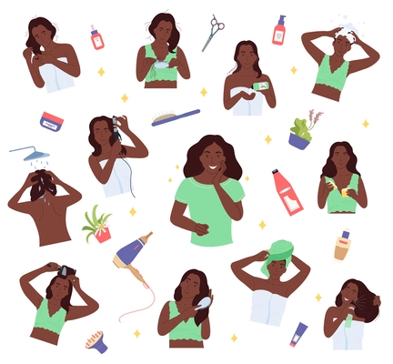 Hair care routine flat set of black woman characters taking care of her hair and scalp skin isolated vector illustration