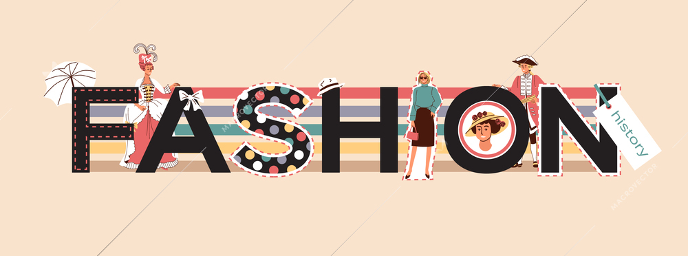 Fashion history flat text with big letters and little human characters dressed in clothes of different times vector illustration