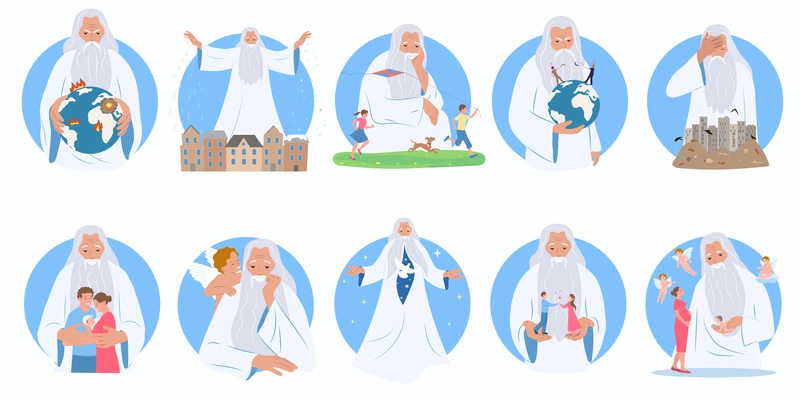 God father set of flat circle shaped compositions with mythical old man people and earth globe vector illustration