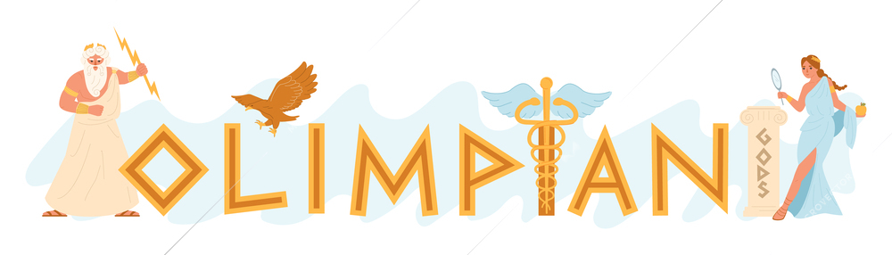 Olympic gods flat text with Zeus and Hera figures vector illustration