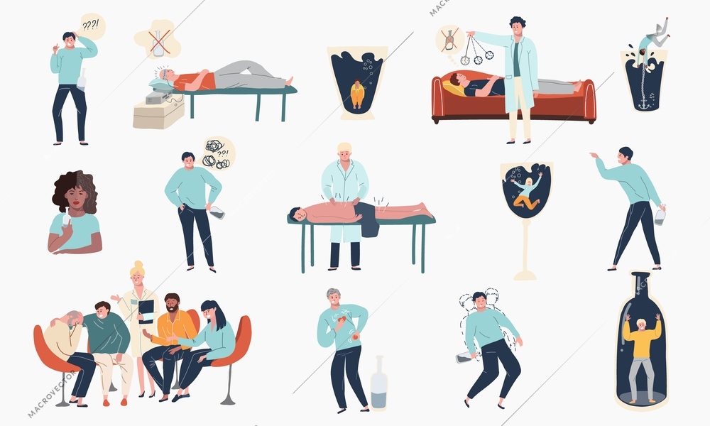 Alcoholism treatment flat set of isolated icons with people getting rid of alcohol and anonymous alcoholics vector illustration