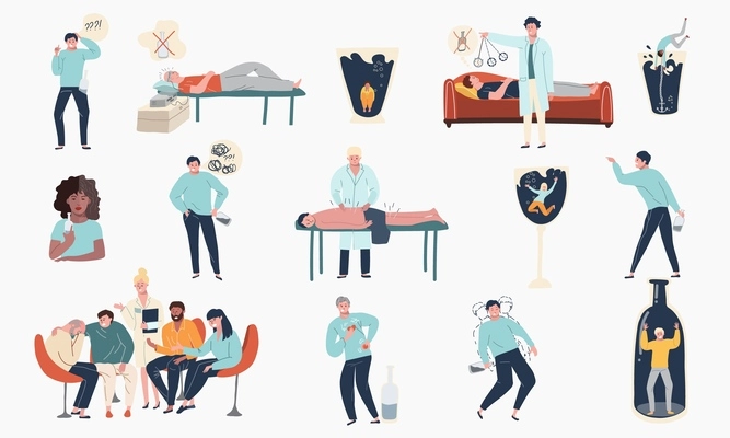 Alcoholism treatment flat set of isolated icons with people getting rid of alcohol and anonymous alcoholics vector illustration