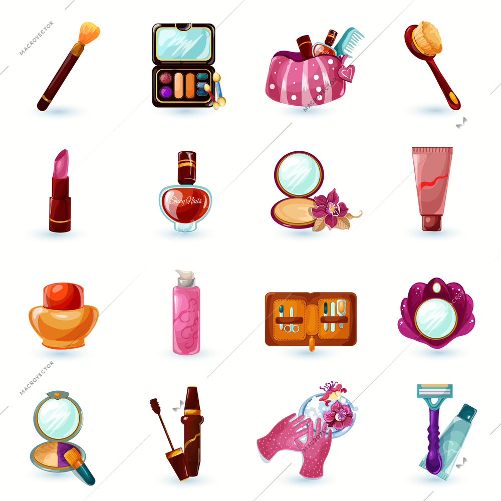 Woman beauty cosmetics and make-up cartoon icons set isolated vector illustration