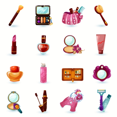 Woman beauty cosmetics and make-up cartoon icons set isolated vector illustration