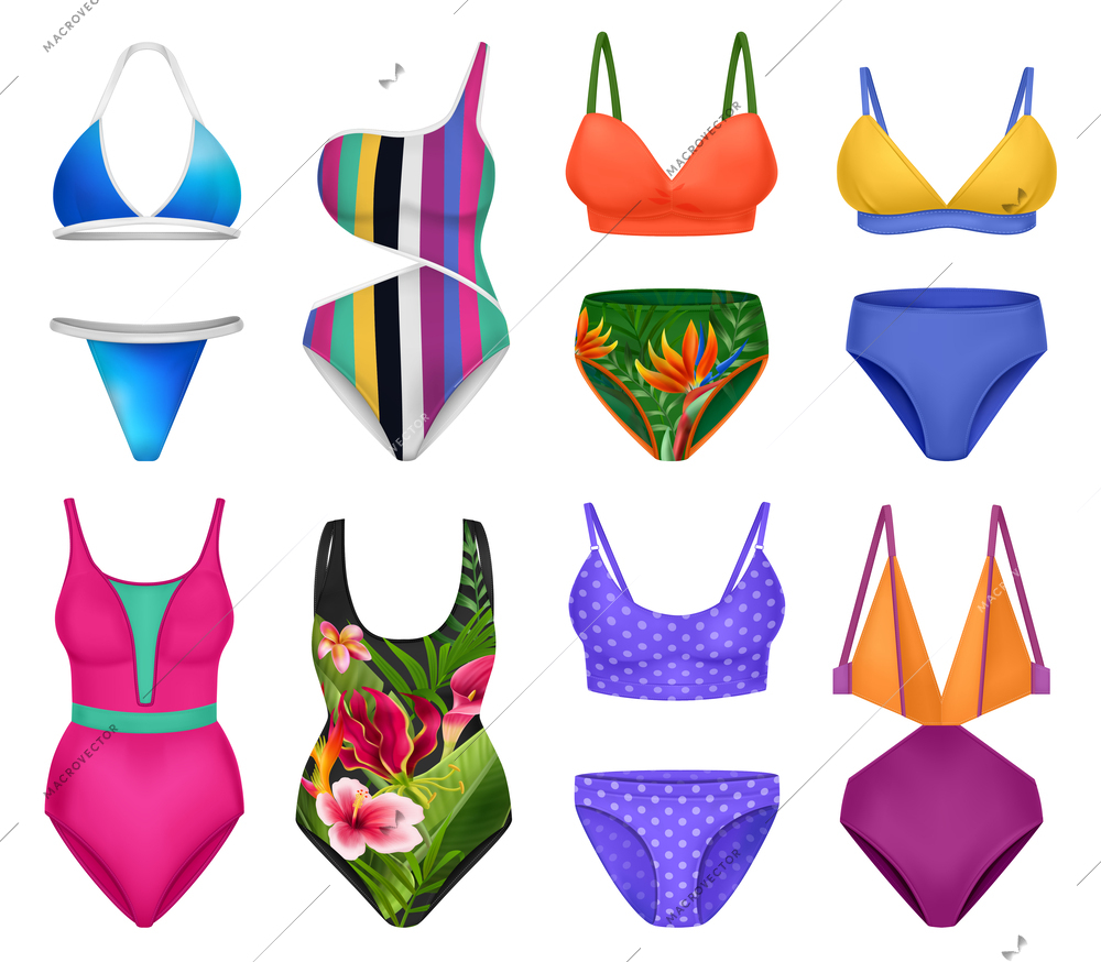 Realistic female swimsuit set with isolated icons of colorful pants and bras with various artwork images vector illustration