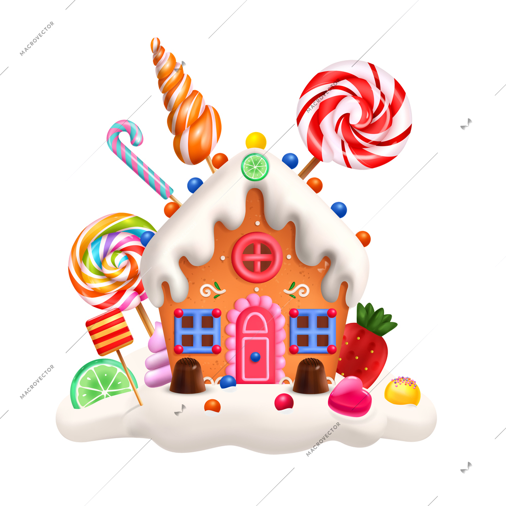 Sweet gingerbread house decorated with white glaze topping striped lollipops and fruit marmalade cartoon composition realistic vector illustration