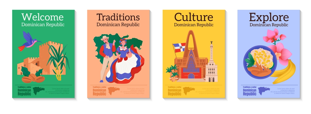 Dominican republic flat colorful posters set for advertising and exploring traditions and culture isolated vector illustration