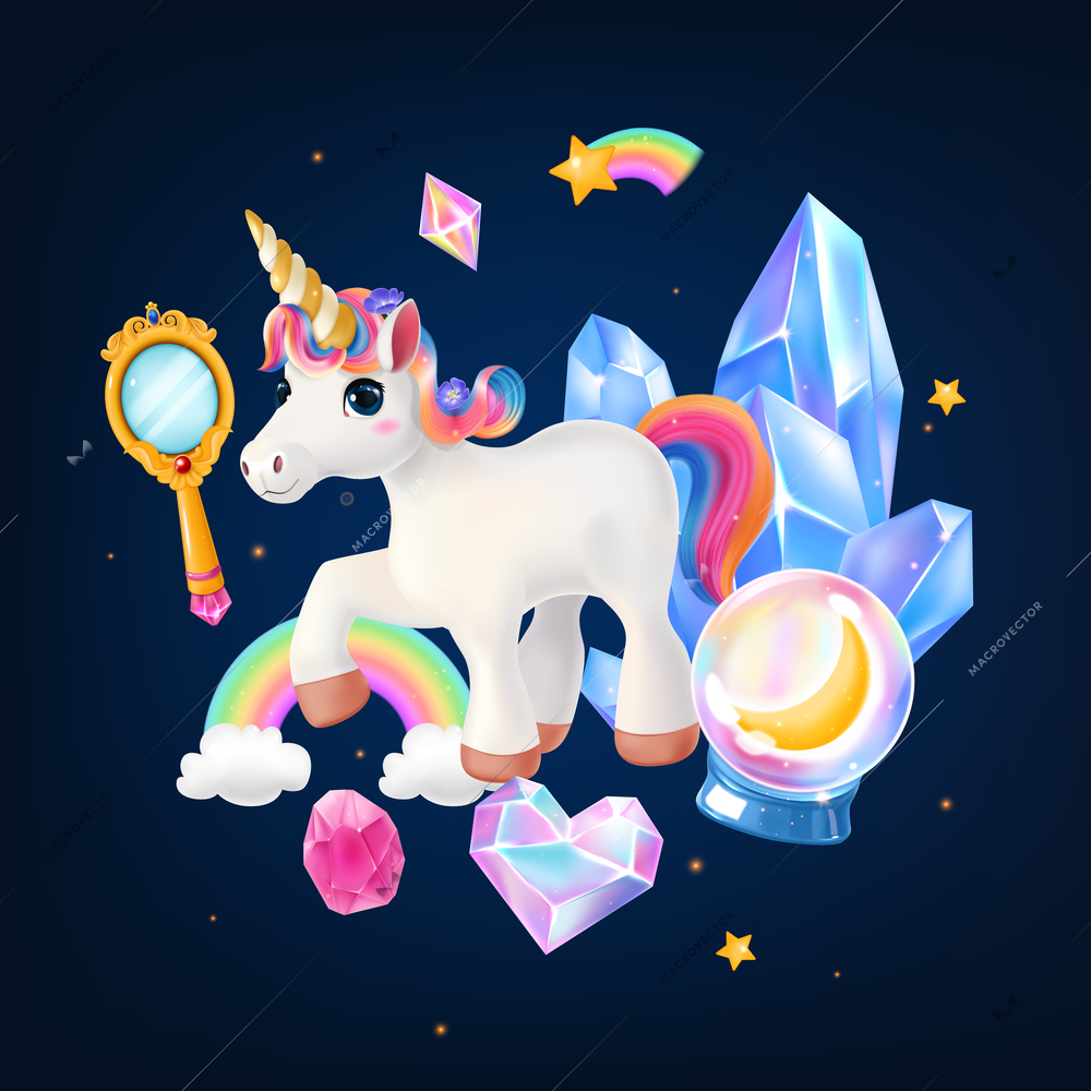 Realistic fantasy magic composition with crystal rainbow unicorn cartoon colored objects at black background vector illustration