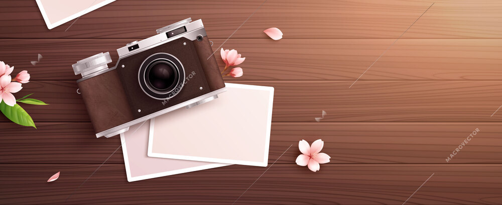 Retro vintage old camera realistic composition with top view of wooden table with roll film camera vector illustration