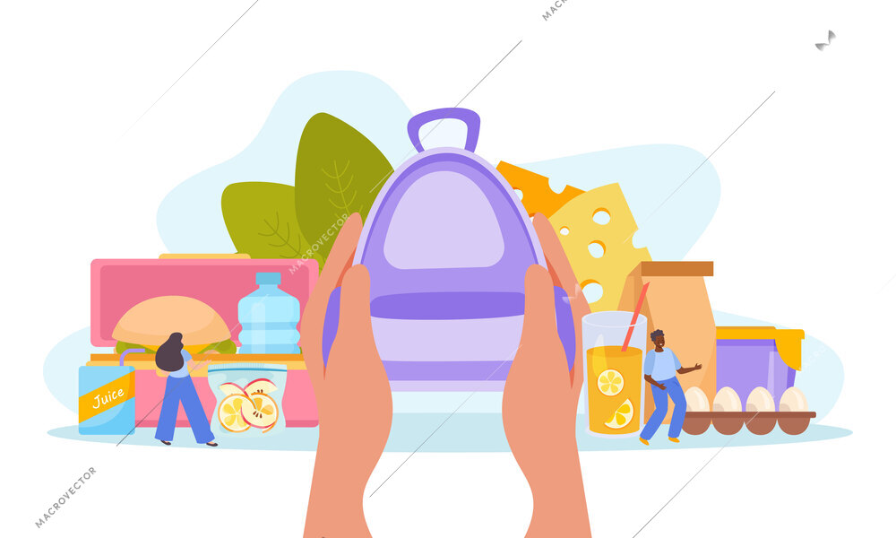 Lunch box flat composition with human hands holding backpack with carton eggs pack and plastic container vector illustration