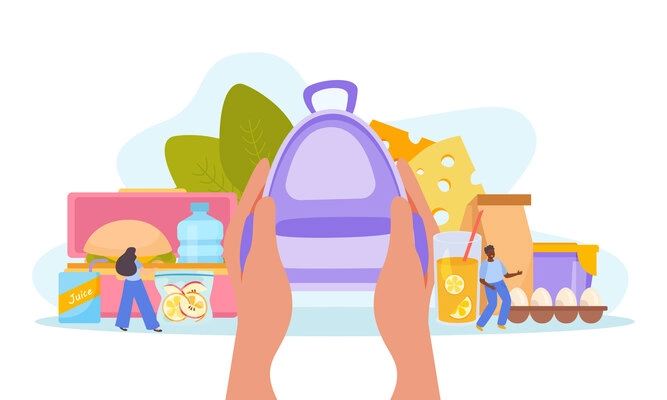 Lunch box flat composition with human hands holding backpack with carton eggs pack and plastic container vector illustration