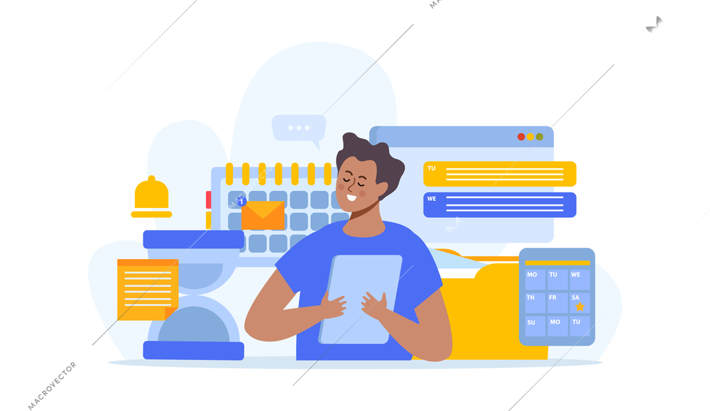 Event planning flat composition with male character of worker surrounded by calendars document folders alarm notes vector illustration