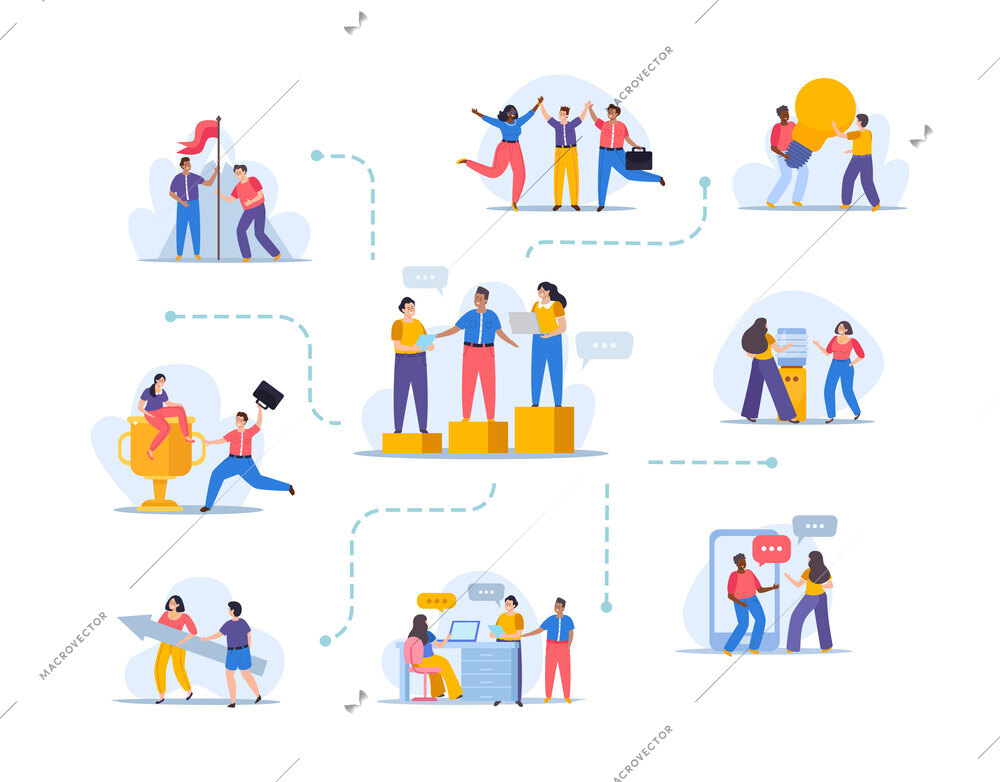 Corporate culture composition with flowchart of images with doodle human characters of coworkers and conceptual icons vector illustration